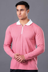 MINIMAL BUZZ  RADIANCE FULL SLEEVES ZIP POLO T-SHIRT - FLAMINGO PEACH